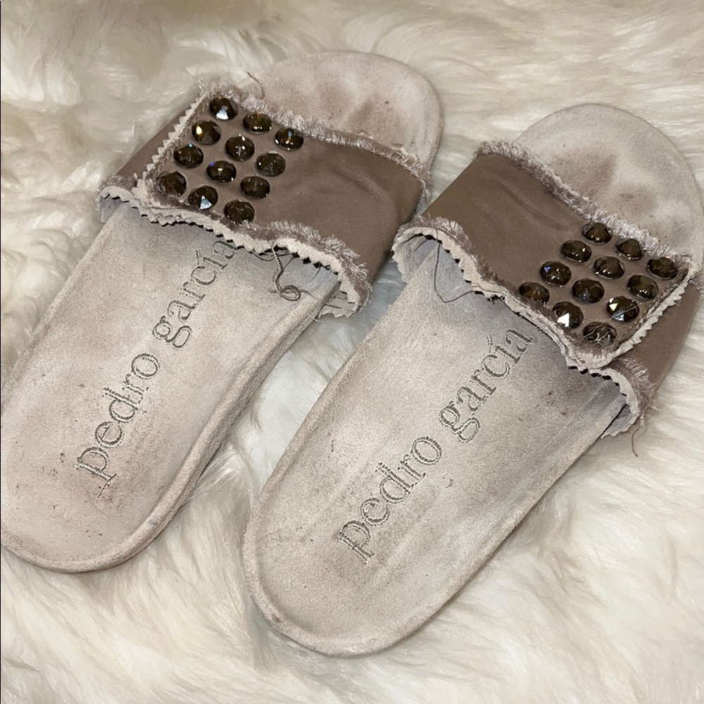 Pedro Garcia Tan Sandals with Studded Embellishments 36